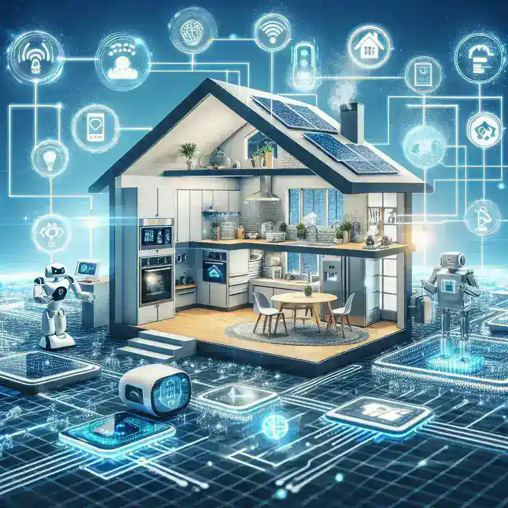 "Casa inteligente com tecnologia de inteligência ambiental, destacando dispositivos conectados que otimizam conforto e eficiência energética."