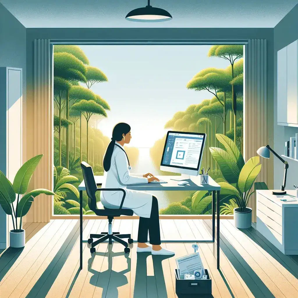 "Telehealth services in Brazil utilizing AI technology to connect doctors and patients in remote regions, showcasing a virtual consultation setup on a laptop with healthcare professionals engaged online."